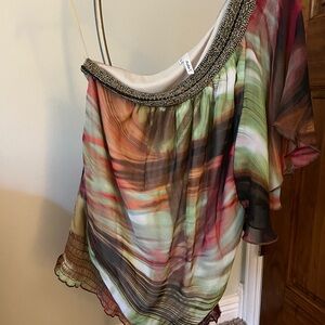 Studio Y Asymmetrical Embellished Blouse Orange Green